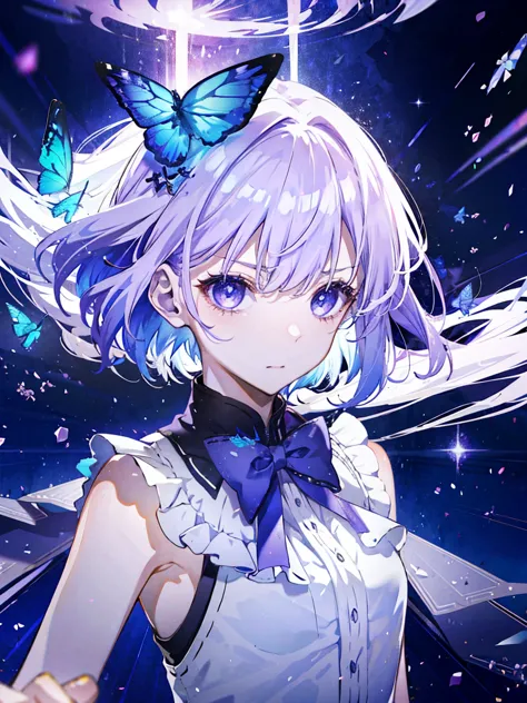 1 girl，  Purple Eyes，White hair， 直筒dress， dress， Blue butterflies fly， return， Light Particles， Please shut your mouth， in the r...