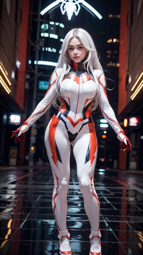 (masterpiece), (best quality), (ultra detailed), (epic lights reflections), glowing, luminous neon lights, 1girl, red eyes, white hair, full makeups, red lips, fit body hair blown by strong winds, (Spiderman cosplay), very tight body shape suit, ultra bodysuit textures details, hair blown by winds, ((full body)), symmetrical pose, model posing in the middle, 