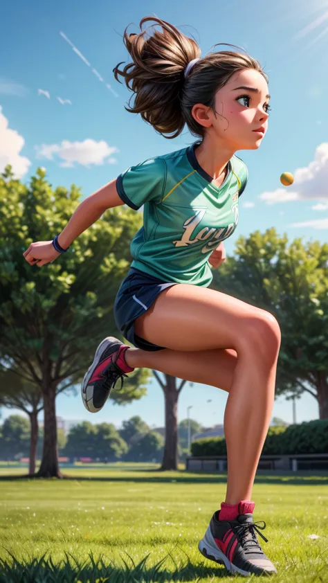 A young female high school athlete, long jump, side view, mid-jump pose, dynamic mid-air action, (best quality,4k,8k,highres,mas...