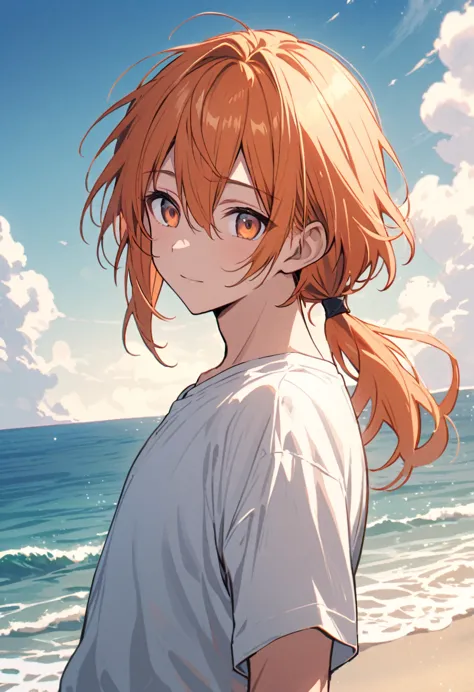 good looking, alone, 1 male, medium hair, low ponytail, bright orange hair, hazel eyes, white shirt、beautiful views、ocean、friend...