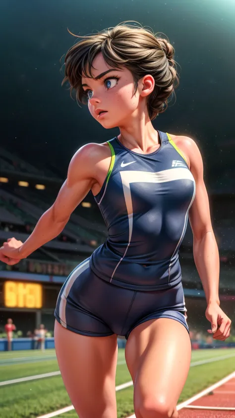 A middle school track and field athlete, passing the baton in a relay race, dynamic pose, side view, beautiful detailed eyes, be...