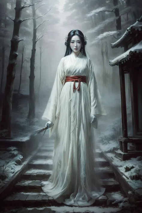 arabian woman in white dress holding sword in snowy forest, ancient chinese goddess, japanese goddess, jinnah chan, inspired by ...