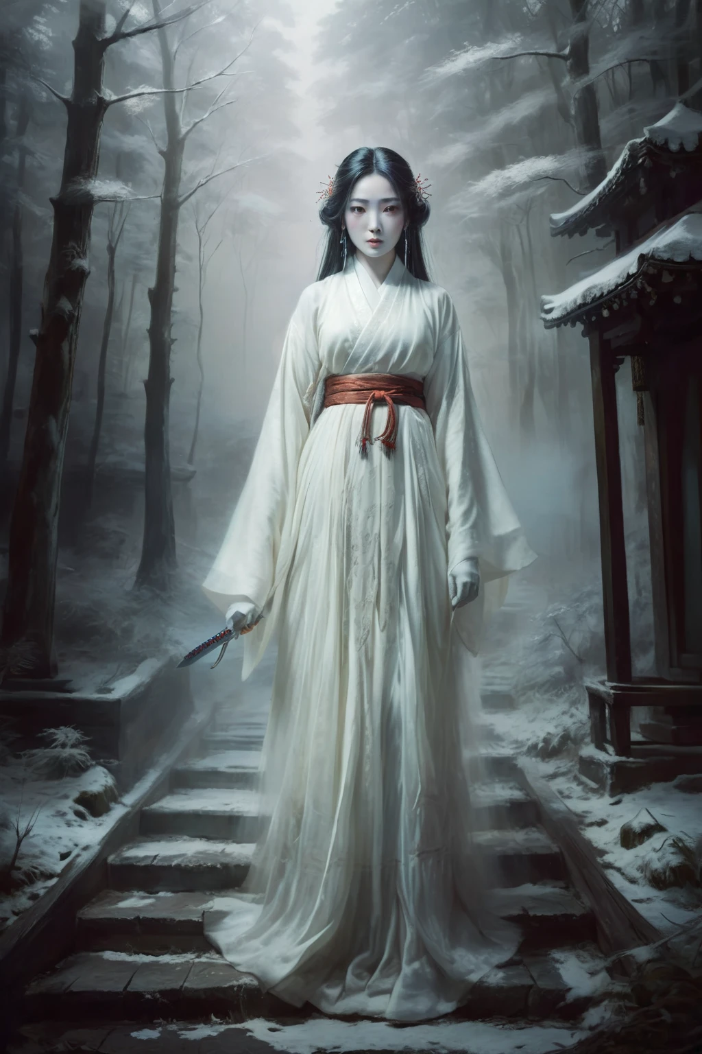 Arabian woman in white dress holding sword in snowy forest, Ancient Chinese Goddess, Japanese Goddess, Jinnah Chan, Inspired by Li Mei-shu, Winter Goddess, Inspired by Chen Yifei, Gweiz-style artwork, Inspired by Kinno, Portrait of Sadako from the Ring, The sharp gaze of the Yuki-onna