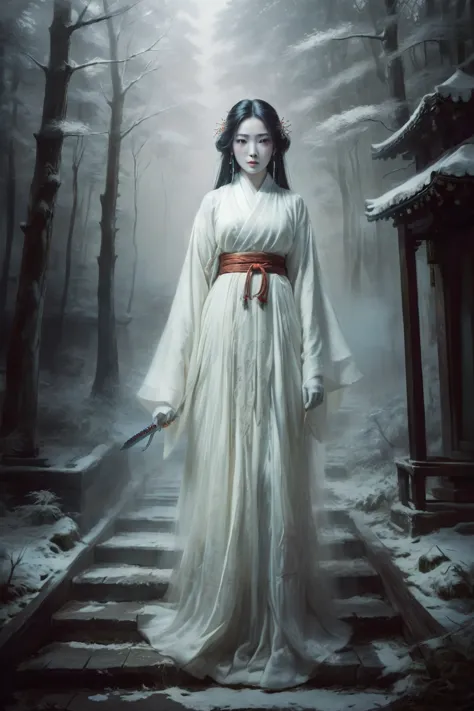 arabian woman in white dress holding sword in snowy forest, ancient chinese goddess, japanese goddess, jinnah chan, inspired by ...