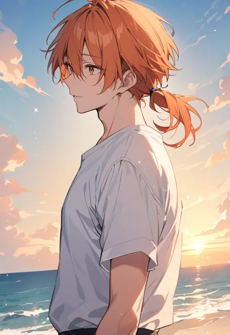 good looking, alone, 1 male, medium hair, low ponytail, bright orange hair, hazel eyes, white shirt、beautiful views、ocean、friend...