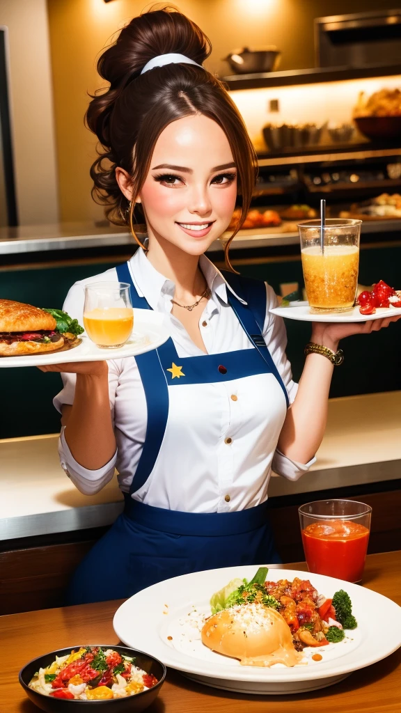 A busy restaurant in the USA, focus on the main character, Maria, a hardworking waitress.
Voiceover: "Maria worked tirelessly at a bustling restaurant in the USA, always with a smile on her face."