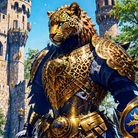 a life size leopard covered with intricate armour embeded in his skin to help defend in battle with a gold and silver shiny chai...