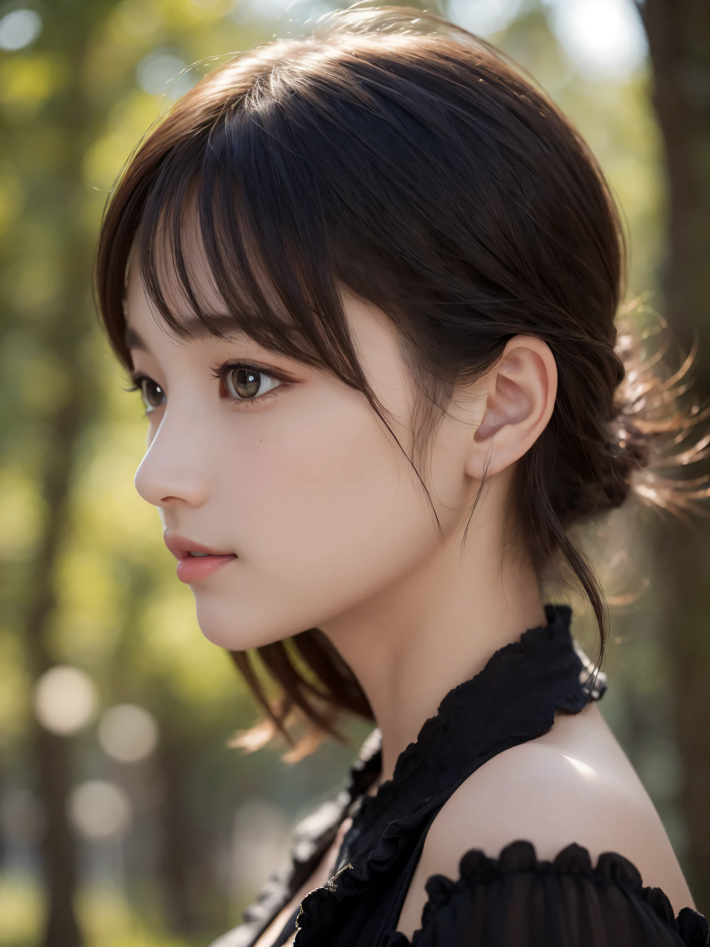 One Girl，(1人のとてもcute女の子:1.3)，masterpiece，Highest quality，High resolution，From below，Low - Angle，Photorealistic，RAW Photos，Ray Tracing，beautiful girl，(8-year-old:1.3)，cute，Big eyes，(detailed pupils:1.2)，(Face turned to the side:1.3)，Cute nose，Beautiful nose，Upturned nose，Fuller lips，Short black hair，ponytail，short hair，Detailed eyelashes，Thin eyebrows，Very fine grain definition，(profile:1.3)，(Face close-up，Face Focus:1.0)，Small breasts，Short neck，Off the shoulder，People emerge，Dark Background，forest，Portrait，Look to the side，Upper Body，Cinema Lighting，High resolution，Very detailed
