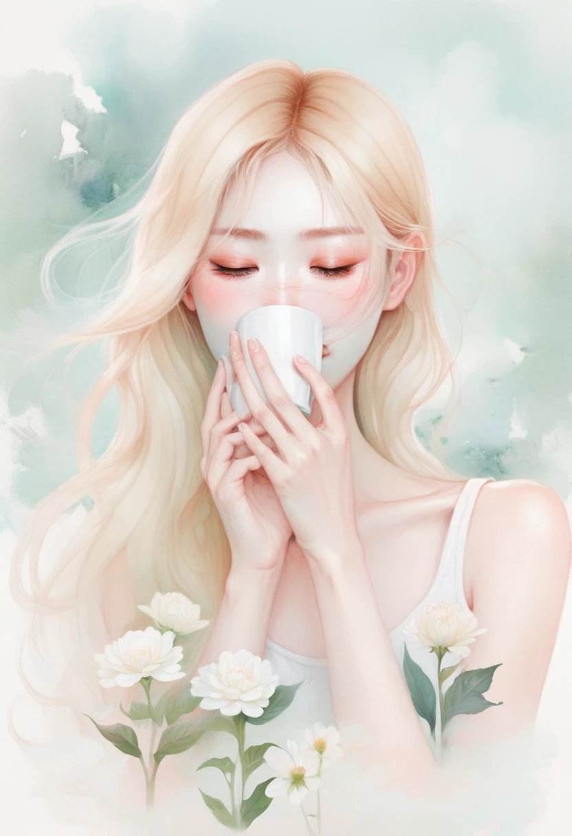 (crap:1.5)，Soft space，Soft tones，dream，Hazy and mysterious，大量crap和白色小花覆盖，Soft tones，Light style，Comfortable and calm，nature，Warm and cosy，Modern illustration elements。Tranquility、Pure atmosphere，blond woman with white flowers covering her face and eyes, inspired by Hsiao-Ron Cheng, inspired by Yanjun Cheng, by Ayami Kojima, by Hsiao-Ron Cheng, by Yanjun Cheng, Guweiz, artwork in the style of guweiz, by Eizan It&#39;s a gift, cake, james jean and wlop