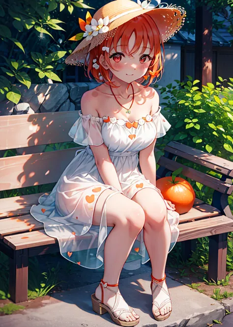 chika　takami,orange hair,red eyes,smile,blush,big straw hat,orange off-shoulder dress,bare shoulders,bare clavicle,bare neck,sho...