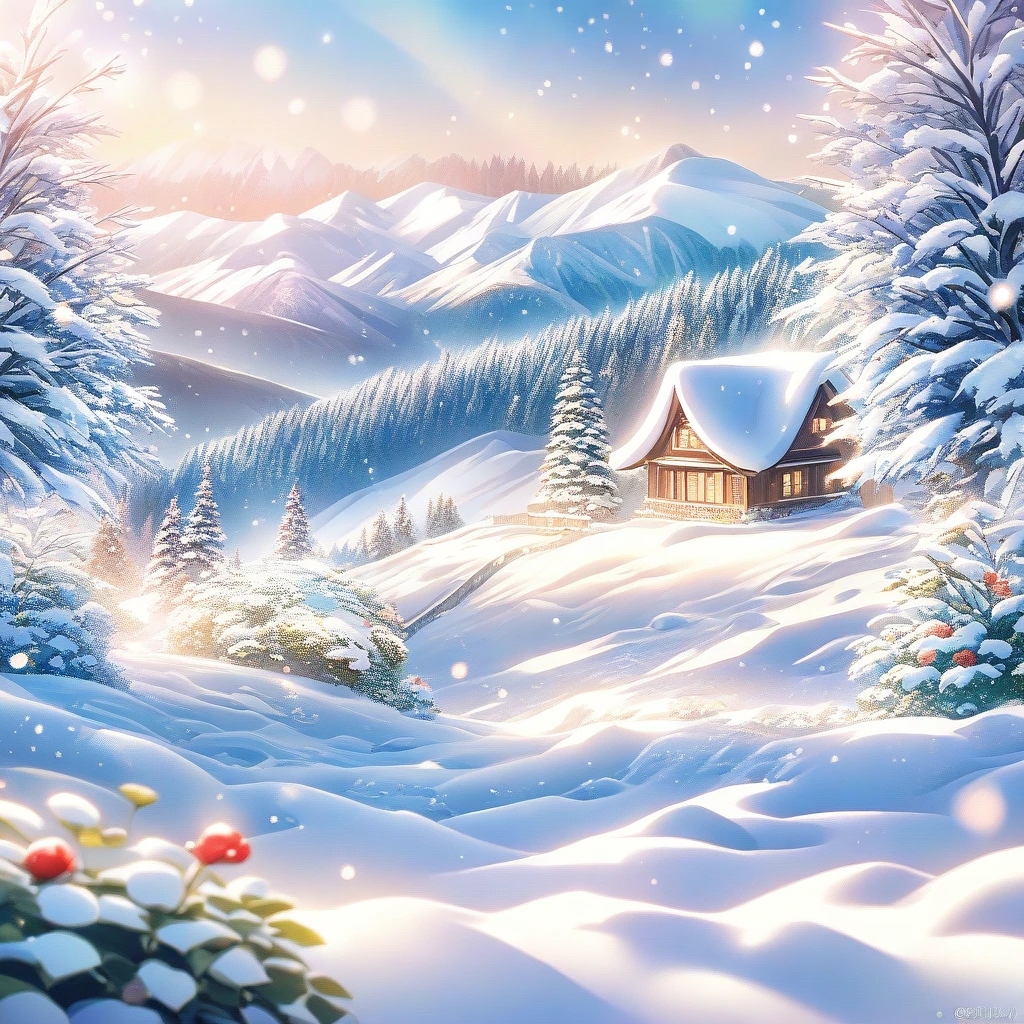 Snow Scene，snow，plant（（（Romantic atmosphere）））（（（fairy tale elements）））（（（masterpiece）））， （（best quality））