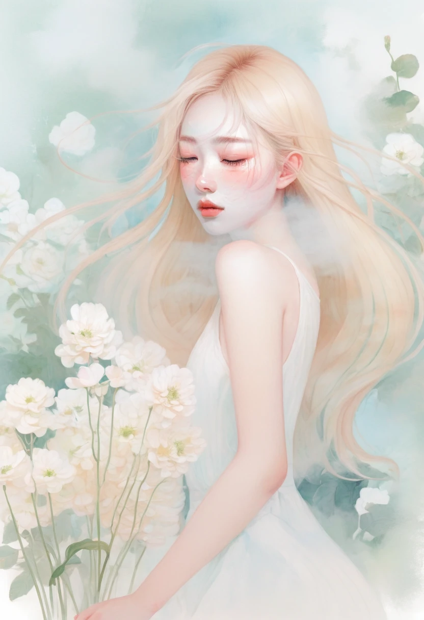 (mist:1.5)，Soft space，Soft tones，dream，Hazy and mysterious，大量mist和白色小花覆盖，Soft tones，Light style，Comfortable and calm，nature，Warm and cosy，Modern illustration elements。Tranquility、Pure atmosphere，blond woman with white flowers covering her face and eyes, inspired by Hsiao-Ron Cheng, inspired by Yanjun Cheng, by Ayami Kojima, by Hsiao-Ron Cheng, by Yanjun Cheng, Guweiz, artwork in the style of Guweiz, by Eizan It&#39;s a gift, cake, james jean and wlop