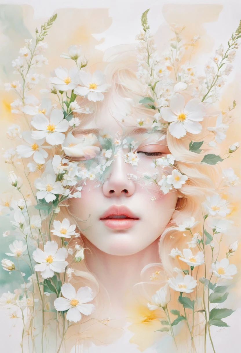 blond woman with white flowers covering her face and eyes, inspired by Hsiao-Ron Cheng, inspired by Yanjun Cheng, by Ayami Kojima, by Hsiao-Ron Cheng, by Yanjun Cheng, guweiz, artwork in the style of guweiz, by Eizan Kikukawa, pastel, james jean and wlop