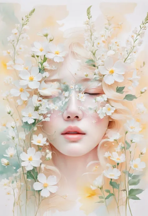 blond woman with white flowers covering her face and eyes, inspired by Hsiao-Ron Cheng, inspired by Yanjun Cheng, by Ayami Kojim...