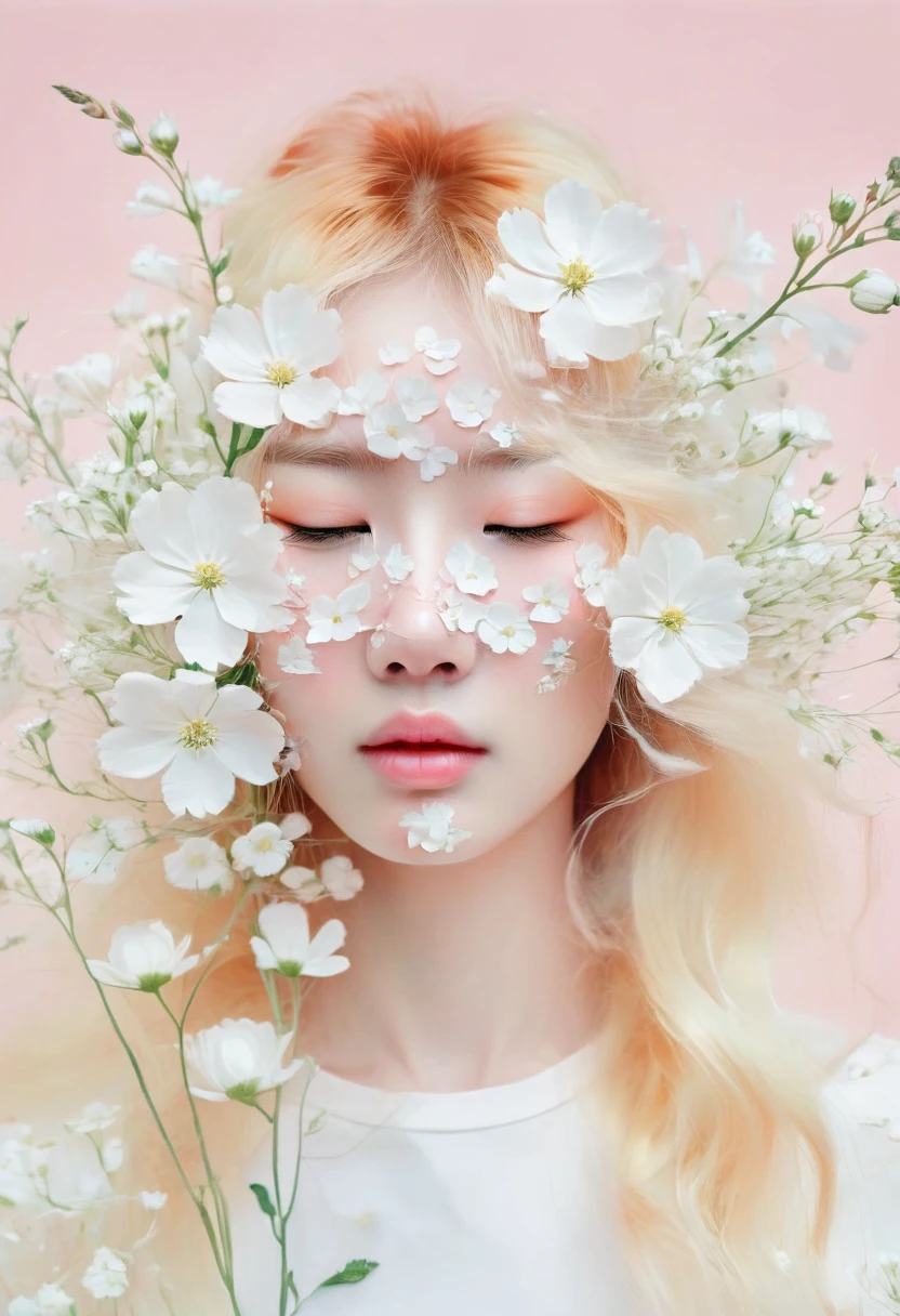 blond woman with white flowers covering her face and eyes, inspired by Hsiao-Ron Cheng, inspired by Yanjun Cheng, by Ayami Kojima, by Hsiao-Ron Cheng, by Yanjun Cheng, guweiz, artwork in the style of guweiz, by Eizan Kikukawa, pastel, james jean and wlop