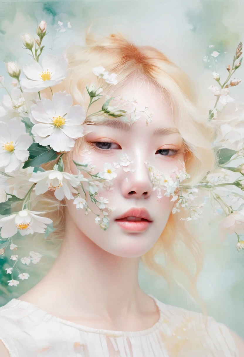 blond woman with white flowers covering her face and eyes, inspired by Hsiao-Ron Cheng, inspired by Yanjun Cheng, by Ayami Kojima, by Hsiao-Ron Cheng, by Yanjun Cheng, guweiz, artwork in the style of guweiz, by Eizan Kikukawa, pastel, james jean and wlop