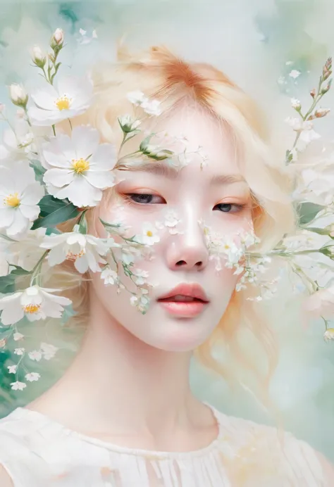 blond woman with white flowers covering her face and eyes, inspired by Hsiao-Ron Cheng, inspired by Yanjun Cheng, by Ayami Kojim...