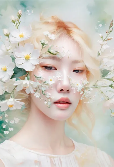 blond woman with white flowers covering her face and eyes, inspired by hsiao-ron cheng, inspired by yanjun cheng, by ayami kojim...