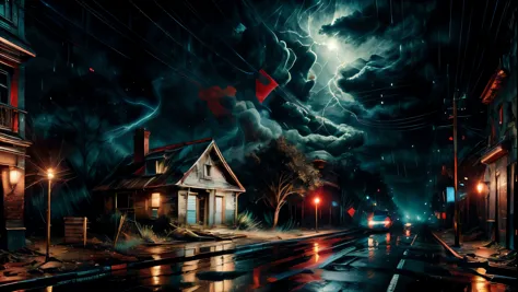 a dilapidated abandoned house at night, rain pouring down, wet roads, dark cloudy sky, smoke and dirt, atmospheric lighting, cin...