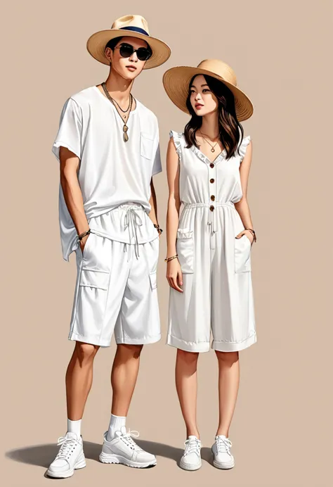 candid fashion illustration of young Asian man and woman, both aged 20 year old, ((showcase fashion look book in a White rayon o...