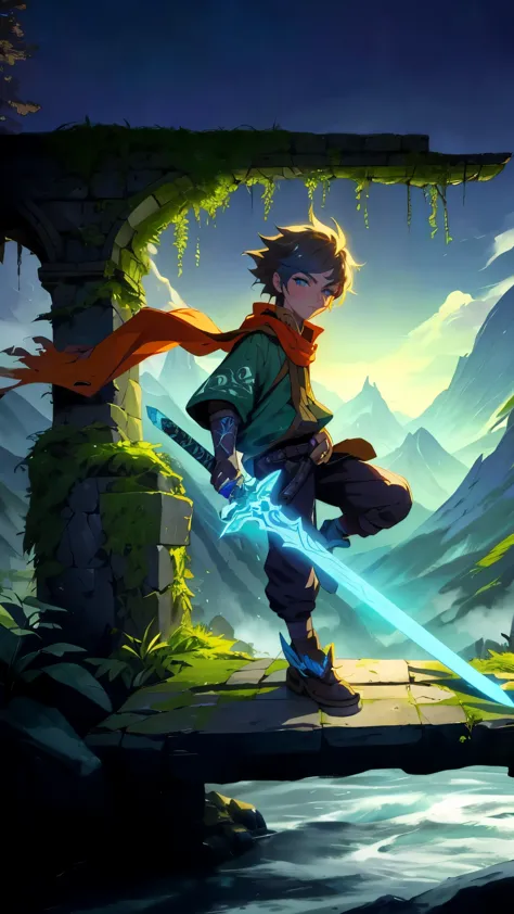 teenager boy with a glowing ancestral longsword, confidently perched on a moss-covered stone archway overlooking a misty mountai...