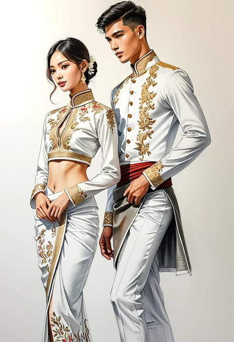 candid fashion illustration of two young man and women, 18 year old, adorned in a meticulously crafted North Thai traditional ou...