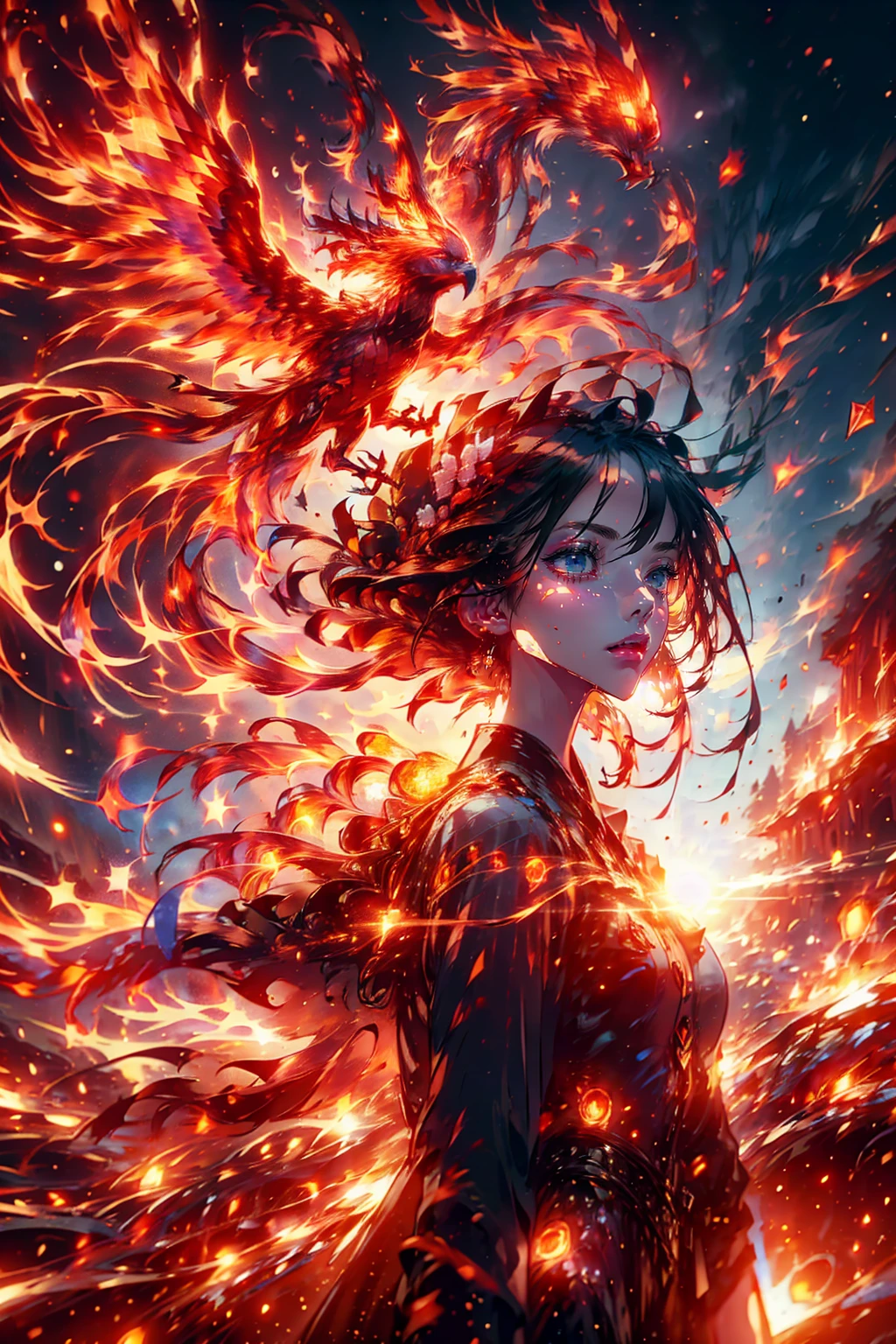 1girl,she has blue eyes,brilliant,phoenix,upper body,fire,flare,around fire aura, explosionmagic,she holding sword,she is warrior,knight,