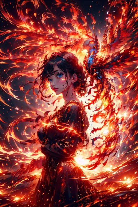 1girl,she has blue eyes,brilliant,phoenix,upper body,fire,flare,around fire aura, explosionmagic,she holding sword,she is warrio...