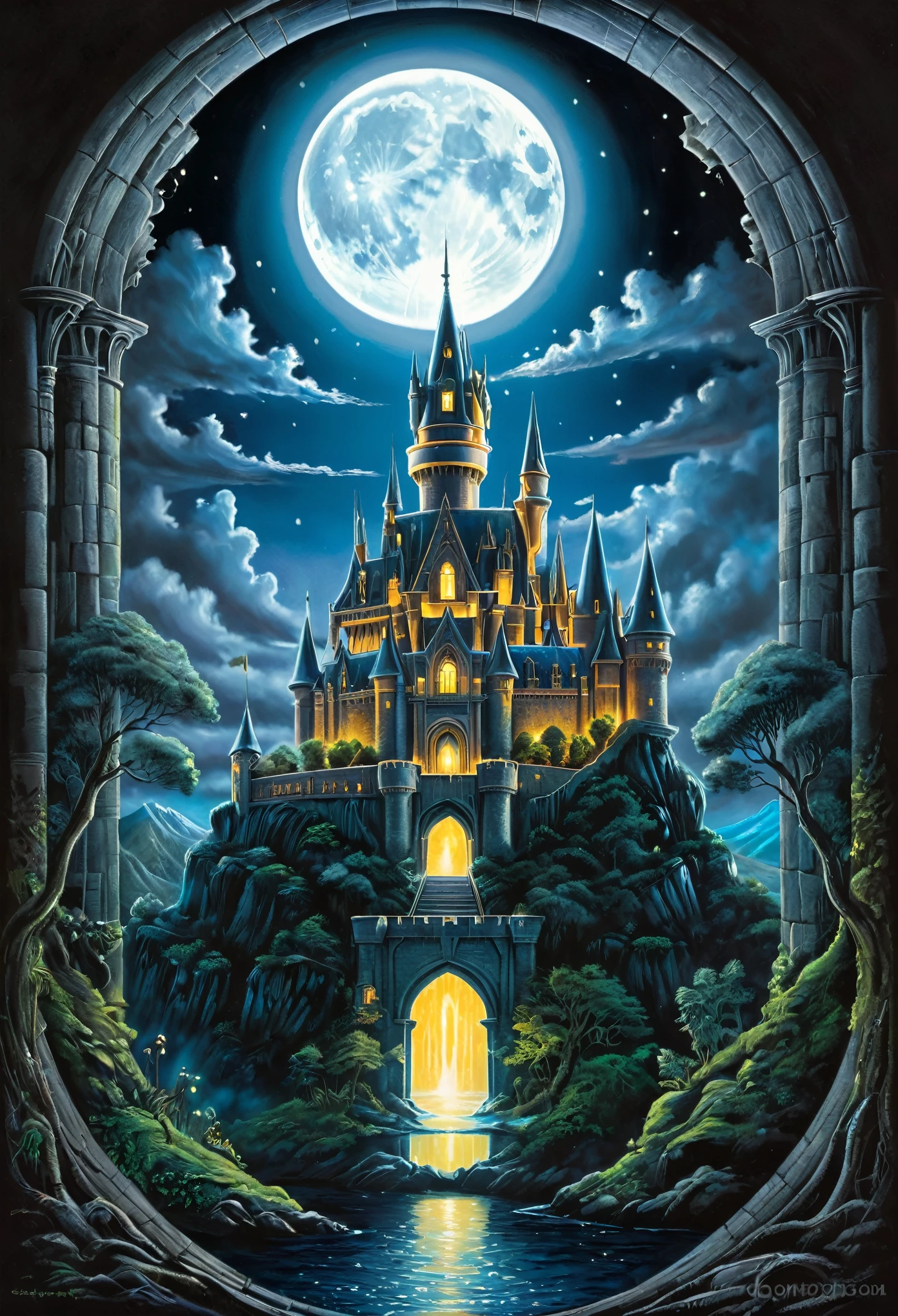 masterpiece. Castle poster with full moon in the background, View from the cave, Pure black background above and below. Detailed drawing inspired by Gaston Bussiere, shutter, Fantasy Art, Magic Castle, Magic Background, Glowing Castle. The Art of Harry Potter, Detail Enhancement. Very detailed magic, Dream Castle)). mystery, Background Hogwarts, background hogwarts, Magic Castle school on the hill, fairytale painting, Magical composition, Night view