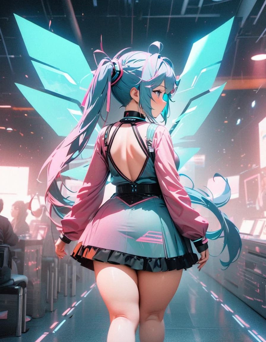 (masterpiece, Perfect quality:1.2,), (8K, RAW Photos, Highest quality, masterpiece: 1.2), High-quality RAW color photos, Professional photography,Data Visualization Design Styles ，（Hatsune Miku is singing with her wings spread），(Pink and turquoise hair:1.3) ，(Plump body)，A clear blue sky,Vast views，Side Back，Wear iconic outfits and hairstyles，(Extra long double ponytail:1.3)，Aether Holographic Center, Neon Wings, Founding Angel, Transparent Holographic Being, Beautiful details