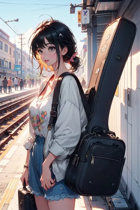 1girl,solo,cool,bigbreast,cleavage,train platform,morning,sunshine,she has a guitar case, carrying a guitar case on behind,casua...