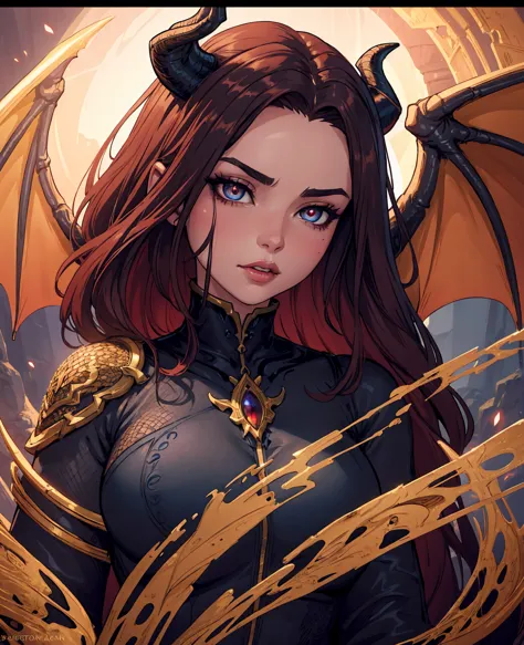 beautiful woman with dragon eyes,1girl,detailed facial features,long flowing hair,dragon horns,dragon scales,fantasy dragon girl...