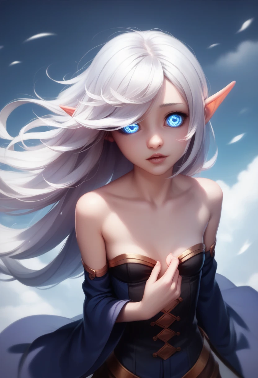 Girl, halfling girl, halfling, pale skin, short, short stature, very long hair, silver hair, straight hair that curls at the end, small breasts, pouty lips, masterpiece, best quality, dynamic pose, 8k, hair covering one eye, anime eyes, bright eyes, detailed eyes, big round eyes, blue eyes, realistic eyes, wind, windy, cute 