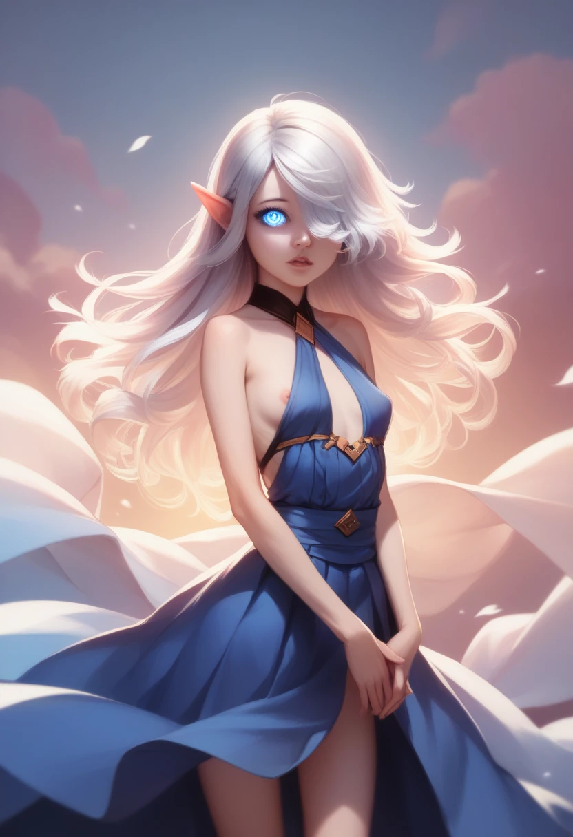 Girl, halfling girl, halfling, pale skin, short, short stature, very long hair, silver hair, straight hair that curls at the end, small breasts, pouty lips, masterpiece, best quality, dynamic pose, 8k, hair covering one eye, anime eyes, bright eyes, detailed eyes, big round eyes, blue eyes, realistic eyes, wind, windy, cute 