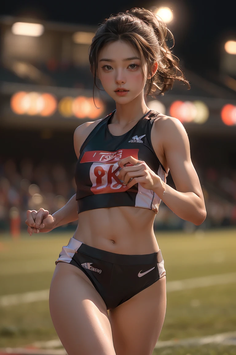 ((masterpiece, highest quality, Highest image quality, High resolution, photorealistic, Raw photo, 8K)), A track and field field at night, with female athletes running under the lights,