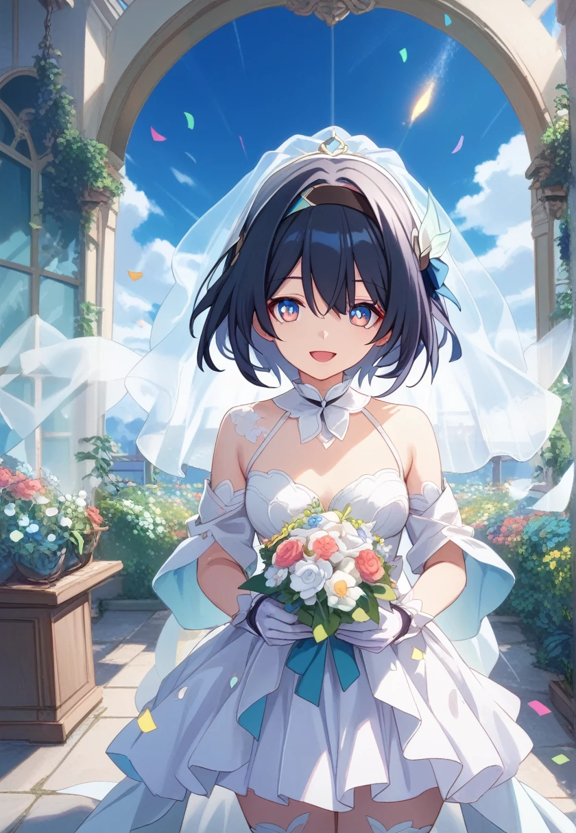 score_9, score_8_superior, score_7_superior, Wedding dress, White gloves, White Dress, garden, Are standing, Cowboy Shot, Holding a bouquet, smile, Open your mouth, Confetti,
fire Fly \(Honkai: Star Rail\), hair ornaments,Black hair band, Medium chest,
Nice hands, Perfect hands,Short Hair,Short Hair