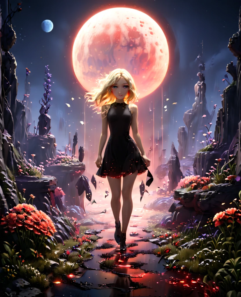 Garden, (((((Flowers emitting blue and red light))))), Path in the middle of the garden, Collapsed walls, nigth, Full Moon, 1 blonde girl, Beautiful  Girl on the flowers, In a black tight dress