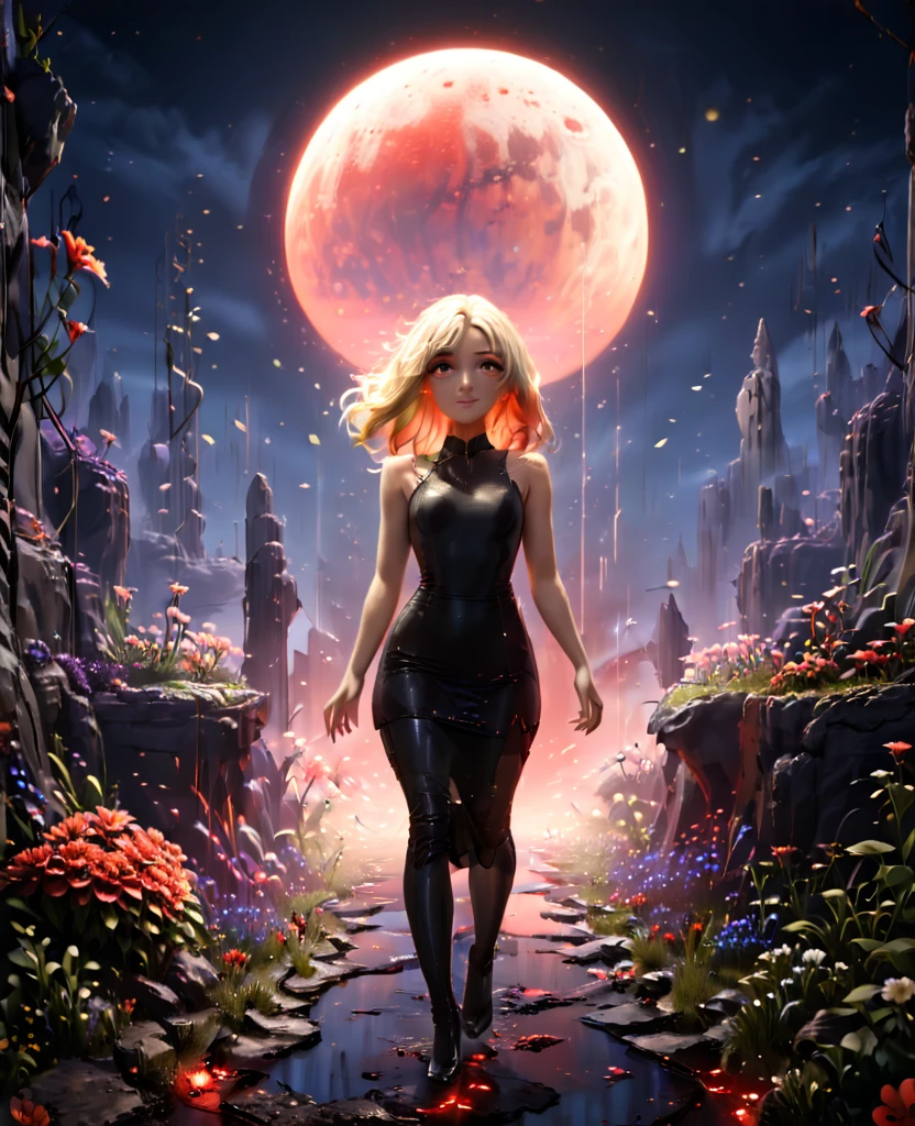 Garden, (((((Flowers emitting blue and red light))))), Path in the middle of the garden, Collapsed walls, nigth, Full Moon, 1 blonde girl, Beautiful  Girl on the flowers, In a black tight dress