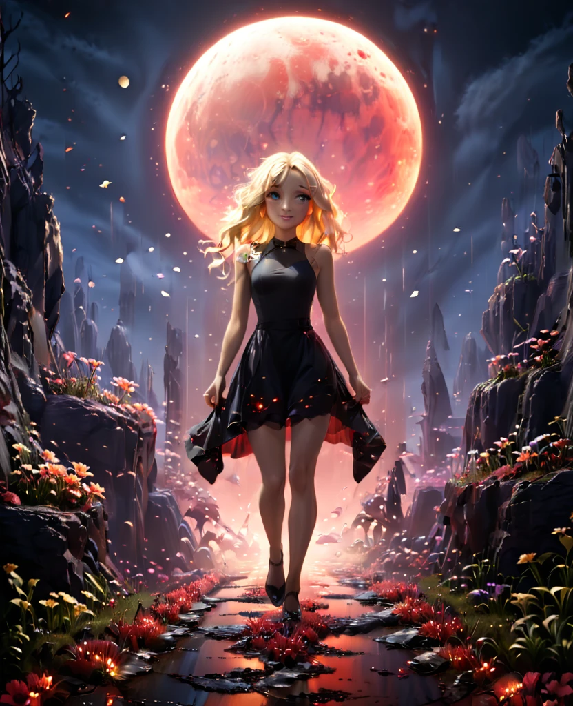 Garden, (((((Flowers emitting blue and red light))))), Path in the middle of the garden, Collapsed walls, nigth, Full Moon, 1 blonde girl, Beautiful  Girl on the flowers, In a black tight dress