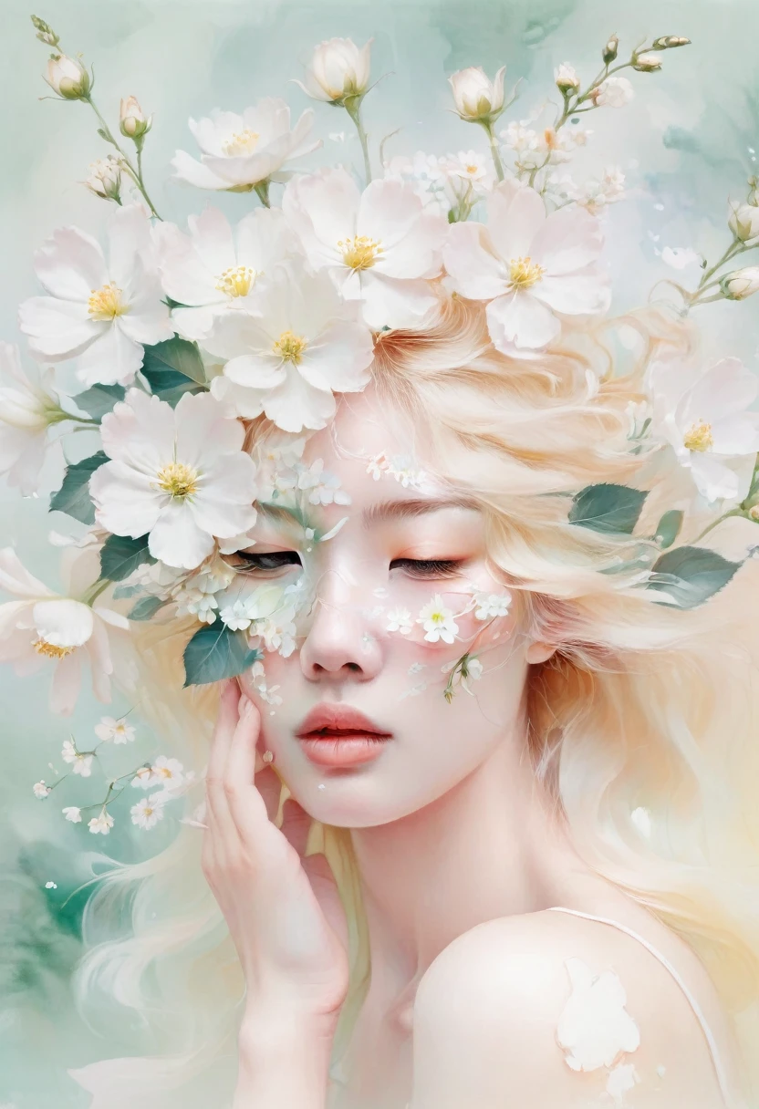 blond woman with white flowers covering her face and eyes, inspired by Hsiao-Ron Cheng, inspired by Yanjun Cheng, by Ayami Kojima, by Hsiao-Ron Cheng, by Yanjun Cheng, guweiz, artwork in the style of guweiz, by Eizan Kikukawa, pastel, james jean and wlop