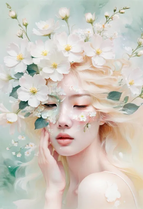 blond woman with white flowers covering her face and eyes, inspired by Hsiao-Ron Cheng, inspired by Yanjun Cheng, by Ayami Kojim...