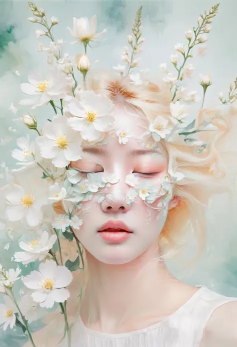 blond woman with white flowers covering her face and eyes, inspired by hsiao-ron cheng, inspired by yanjun cheng, by ayami kojim...