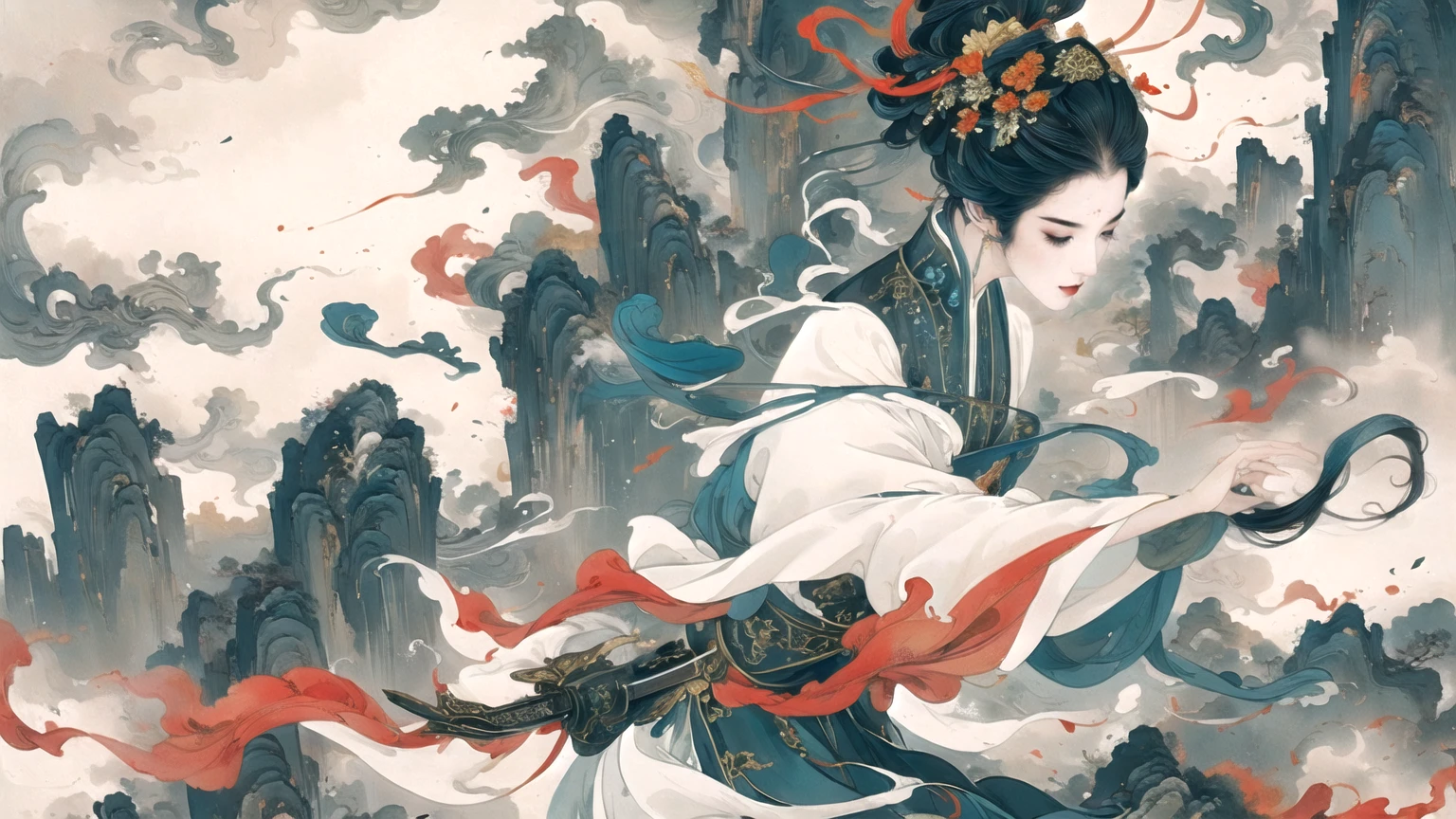 Chinese black and white ink painting,Female Swordsman,heroic figure,Traditional Clothing,Exquisite and sharp sword, Sharp eyes and focused expression, Dynamic poses, Dramatic Lighting, Vibrant colors, High contrast, Epic landscape background, Hazy atmosphere, full of action, Dynamic brushwork, Ultra-high resolution, Fine details, professional quality.