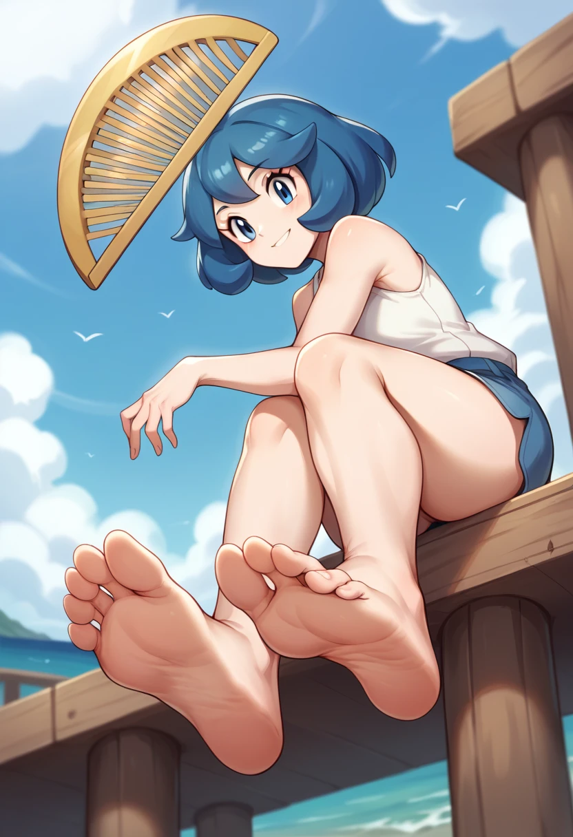 Masterpiece, Best Quality, high resolution, pier and sea in the background, a woman, alone, Blue eyes, short hair, blue fur, blue bangs,funny look, sitting on the dock, smiling, (pokemon), (golden comb in hair), the White shirt, bare shoulders, bare legs, stretched and separated, barefoot, hanging suns , head on, (soles), (View from below) pies head on