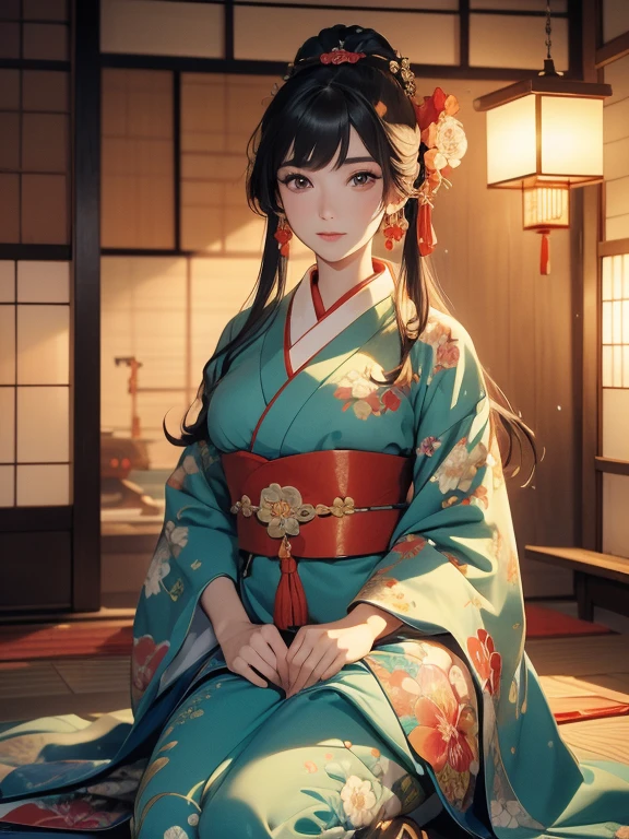 (Highest quality、masterpiece、High resolution、8K)、Ukiyo-e、Vibrant colors、Utamaro、Edo Period、Flowers of Yoshiwara、1 flower kui、whole body、Japanese-style room、It is a tatami room.、There is a lantern、Utamaroの絵のモデル、The courtesan&#39;s hair is black and beautiful、Decoration、hairpin、Hairpin、comb、The kimono is white with red floral patterns、Sitting、Sitting sideways、The kimono has been flipped up, exposing some bare skin.、One hand is holding a fan open、Details of the model&#39;s gestures and facial expressions、Official Art、Detailed CG、