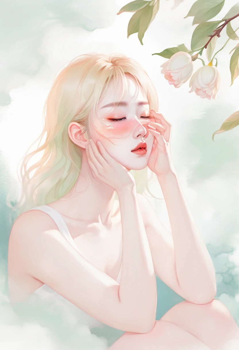 (mist:1.5)，Soft space，Soft tones，dream，Hazy and mysterious，大量mist和白色小花覆盖，Soft tones，Light style，Comfortable and calm，nature，Warm and cosy，Modern illustration elements。Tranquility、Pure atmosphere，blond woman with white flowers covering her face and eyes, inspired by Hsiao-Ron Cheng, inspired by Yanjun Cheng, by Ayami Kojima, by Hsiao-Ron Cheng, by Yanjun Cheng, Guweiz, artwork in the style of Guweiz, by Eizan It&#39;s a gift, cake, james jean and wlop