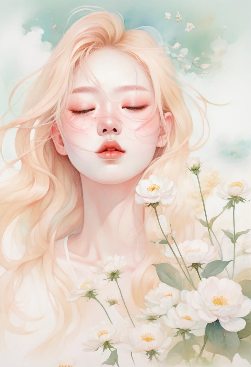 (mist:1.5)，Soft space，Soft tones，dream，Hazy and mysterious，大量mist和白色小花覆盖，Soft tones，Light style，Comfortable and calm，nature，Warm and cosy，Modern illustration elements。Tranquility、Pure atmosphere，blond woman with white flowers covering her face and eyes, inspired by Hsiao-Ron Cheng, inspired by Yanjun Cheng, by Ayami Kojima, by Hsiao-Ron Cheng, by Yanjun Cheng, Guweiz, artwork in the style of Guweiz, by Eizan It&#39;s a gift, cake, james jean and wlop