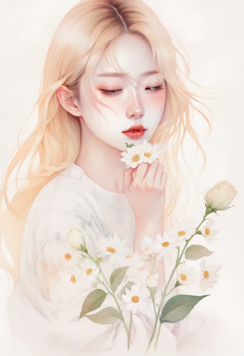 (mist:1.5)，Soft space，Soft tones，dream，Hazy and mysterious，大量mist和白色小花覆盖，Soft tones，Light style，Comfortable and calm，nature，Warm and cosy，Modern illustration elements。Tranquility、Pure atmosphere，blond woman with white flowers covering her face and eyes, inspired by Hsiao-Ron Cheng, inspired by Yanjun Cheng, by Ayami Kojima, by Hsiao-Ron Cheng, by Yanjun Cheng, Guweiz, artwork in the style of Guweiz, by Eizan It&#39;s a gift, cake, james jean and wlop