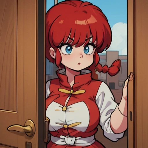 Ranma Chan, cabelo vermelho, Cabelo trançado, olhos azuis, olhos detalhados, todo o corpo, pose aberta por