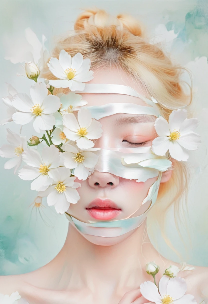 blond woman with white flowers covering her face and eyes, inspired by Hsiao-Ron Cheng, inspired by Yanjun Cheng, by Ayami Kojima, by Hsiao-Ron Cheng, by Yanjun Cheng, guweiz, artwork in the style of guweiz, by Eizan Kikukawa, pastel, james jean and wlop